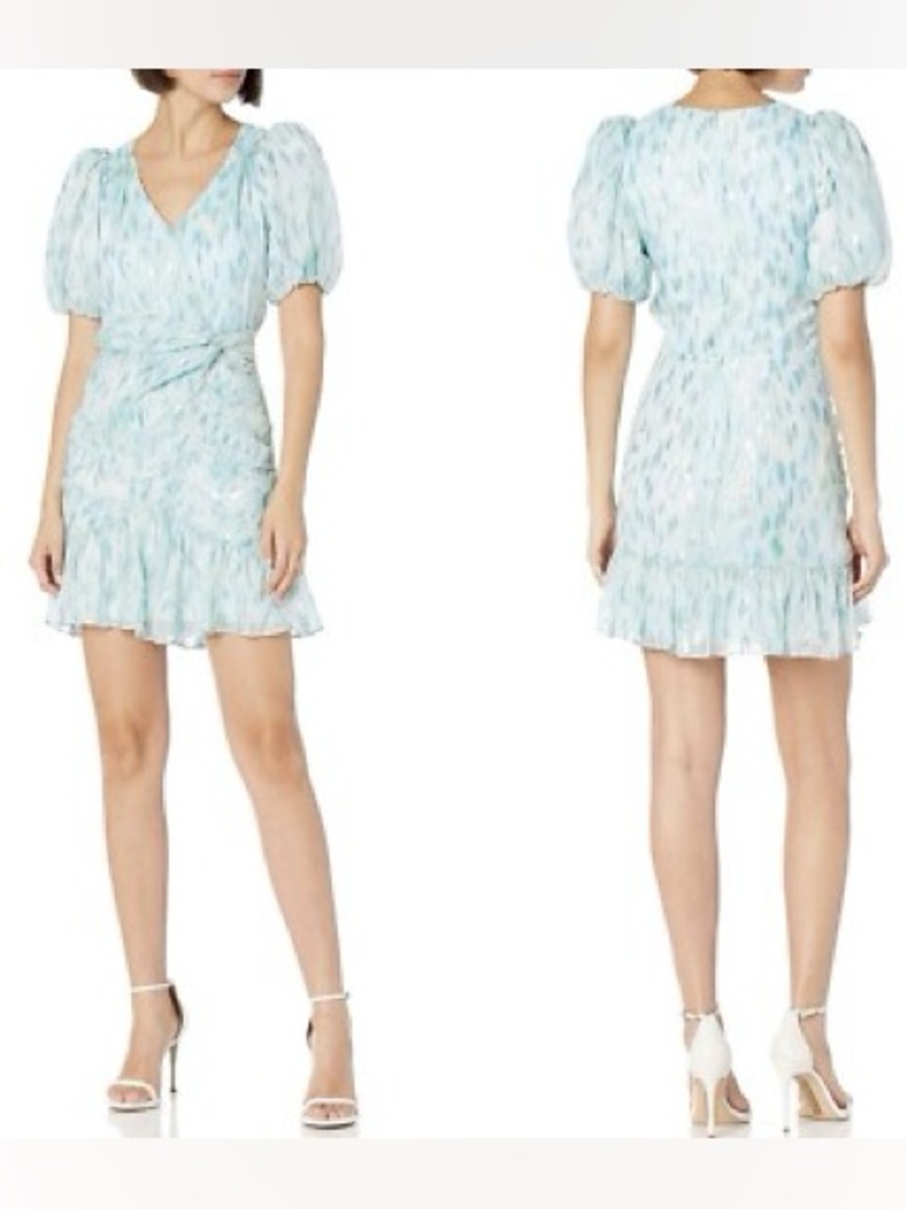 Parker Nilla Ruched Pale Blue Printed V-Neck Puff Sleeve Silk Mini Dress Size 2